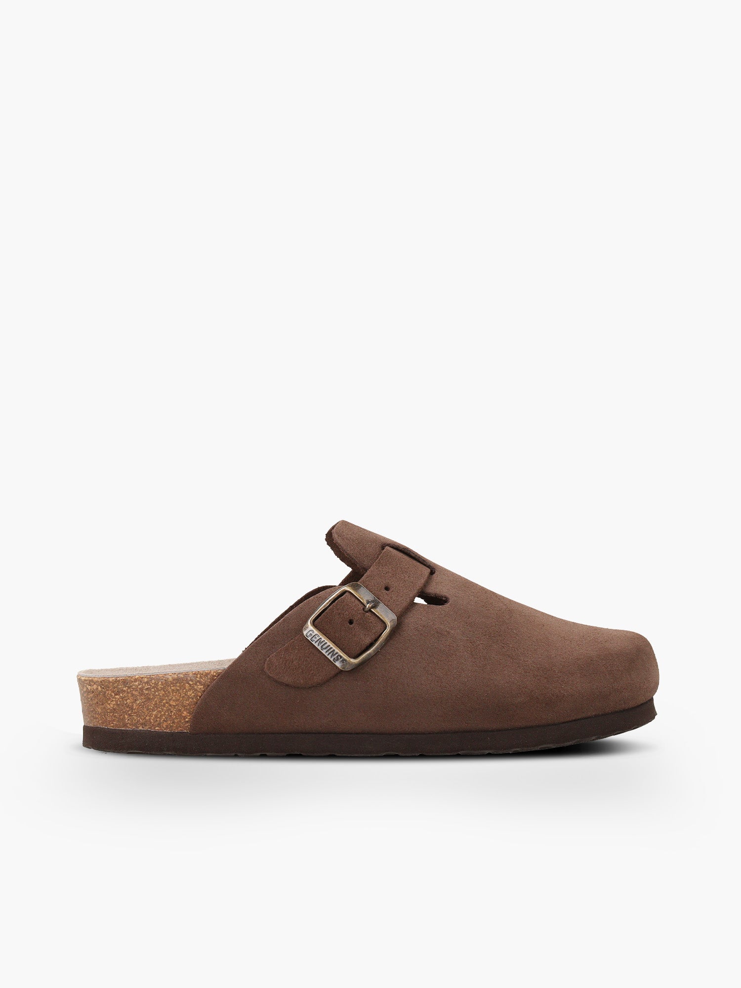 Zueco Genuins Riva velour brown de piel serraje marron con hebilla ajustable y planta anatomica. El zueco perfecto para caminar.