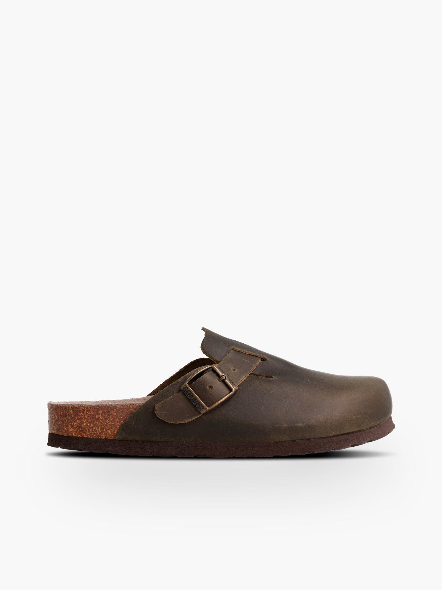 Zueco Genuins Riva  de piel engrasada color kaki con planta anatómica de caucho corcho y hebilla ajustable metálica para hombre en vista lateral  